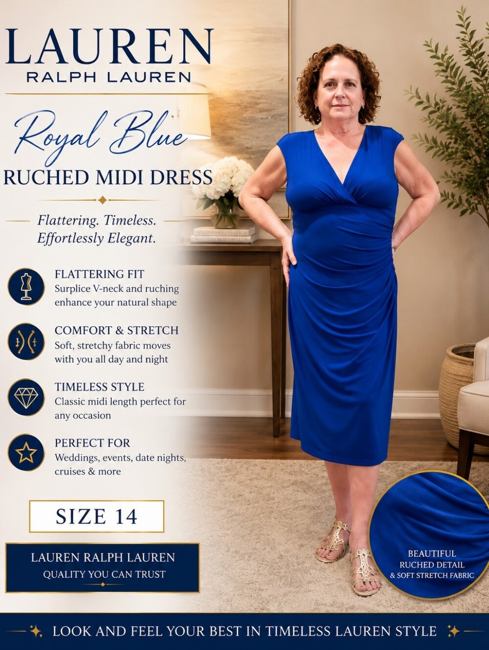 Lauren Ralph Lauren Royal Blue Suplice V-Neck Ruched Midi Dress